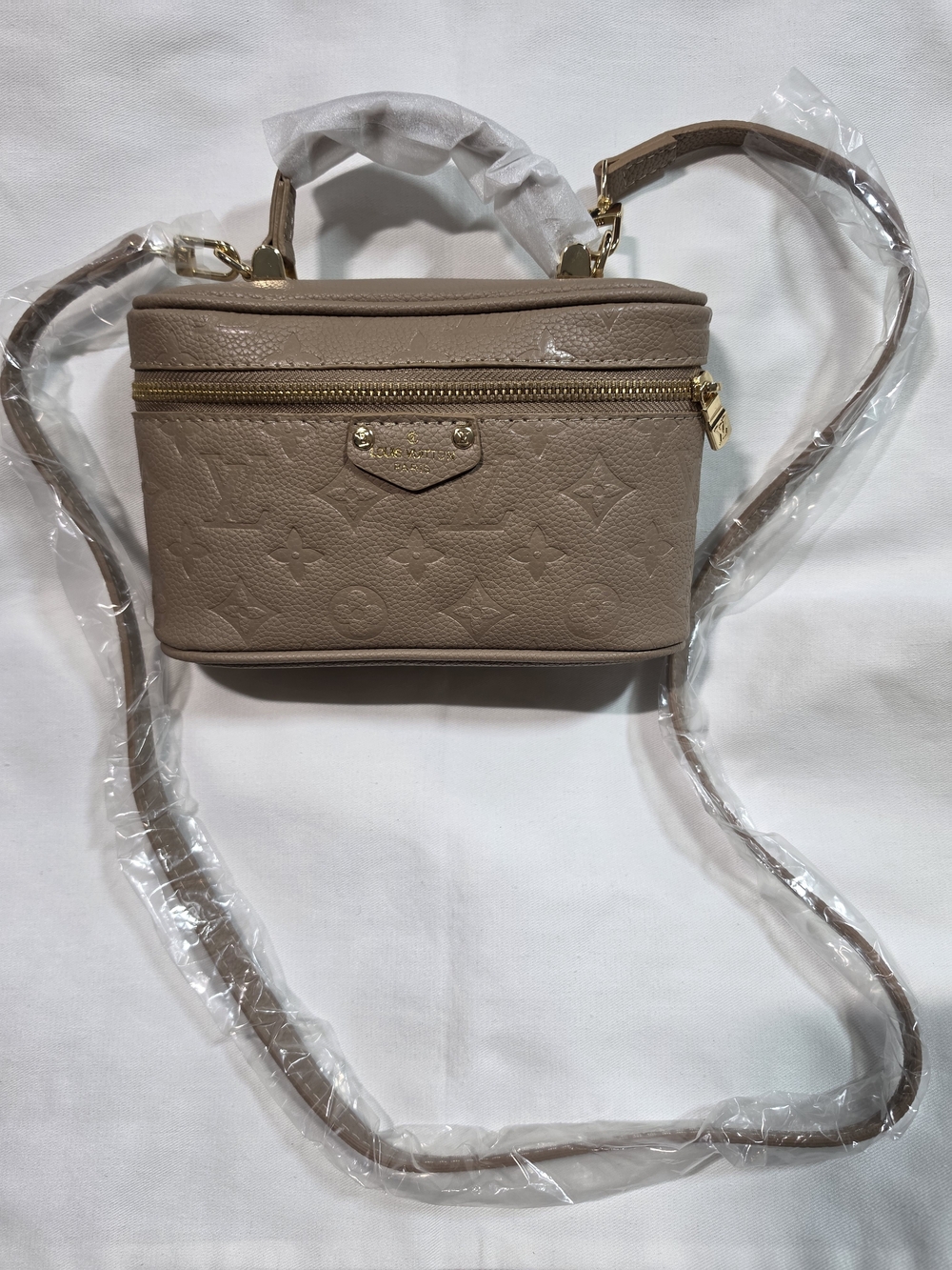 Embossed Taupe Crossbody Vanity Bag with Gold Hardware